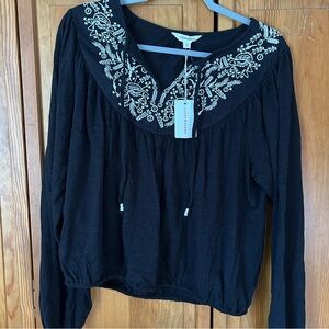 Lucky Brand Black Top with White Embroidery